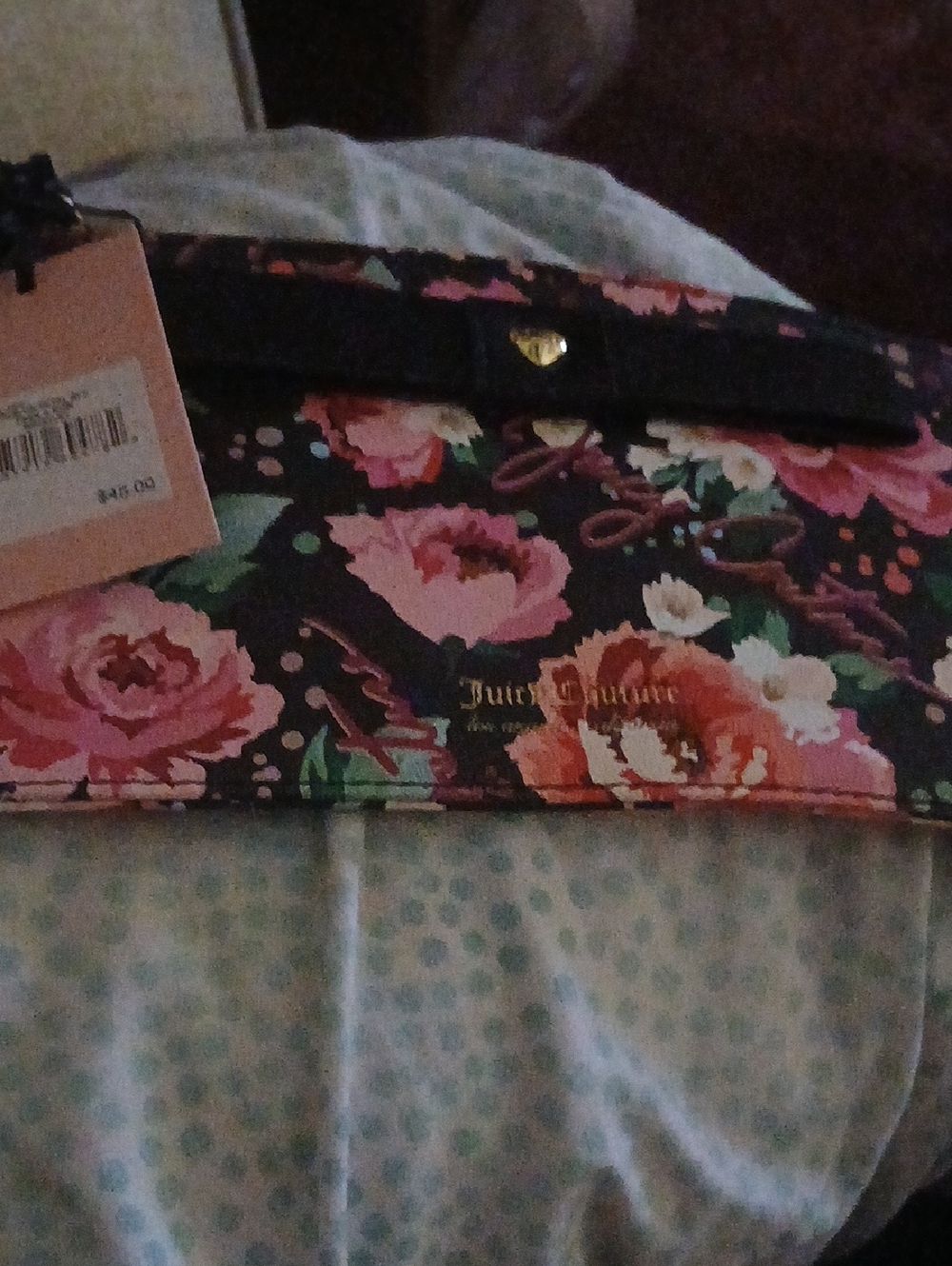Juicy Couture Black Floral Clutch with Pink & Coral Blooms